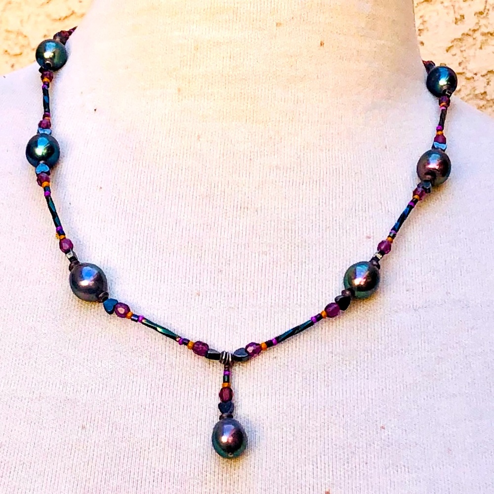 Genuine Peacock Black Pearls Beaded Sterling Necklace